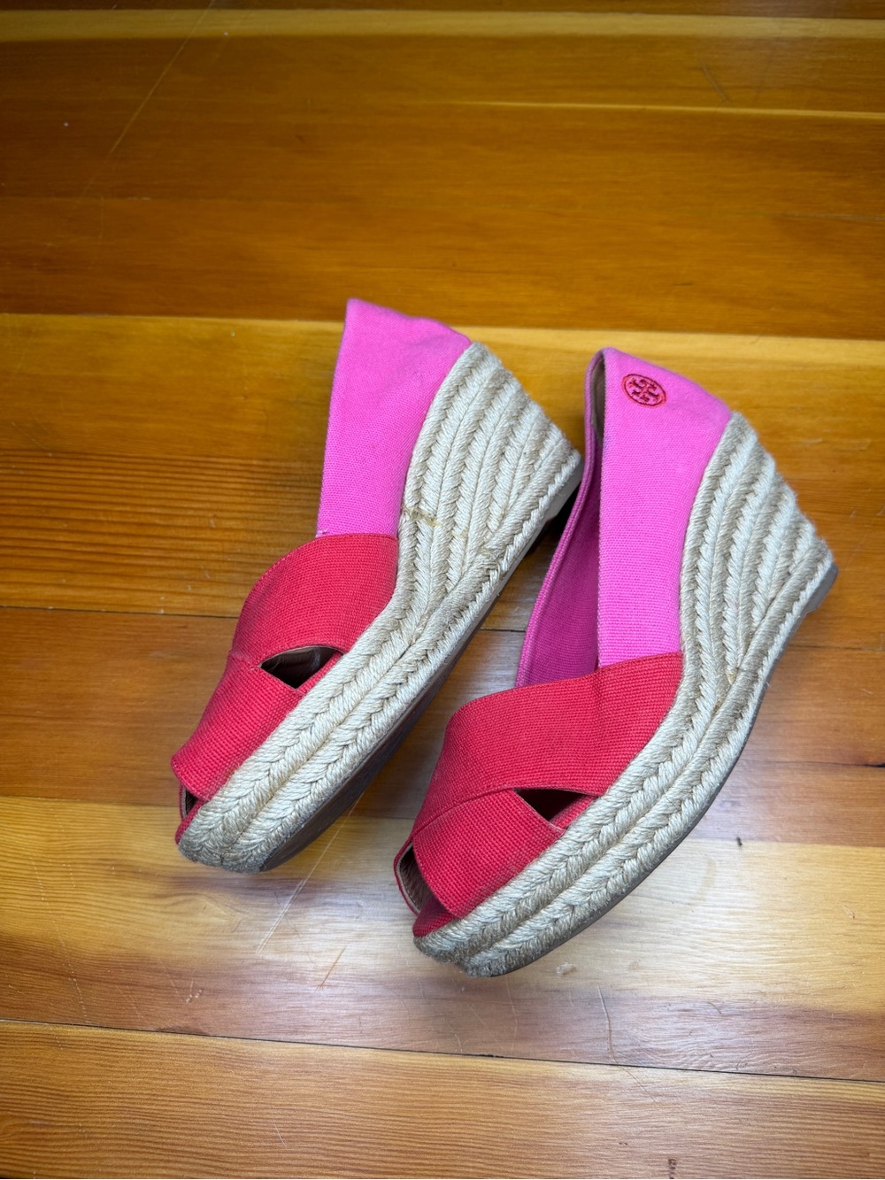 Tory Burch Two-Tone Pink and Red Espadrille Wedge Sandals